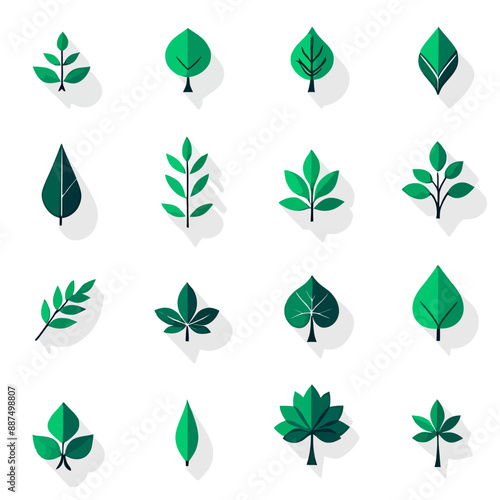 Collection of 12 Stylized Leaf Illustrations in Green and White