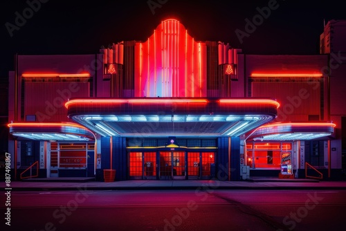 An elegant Art Deco theater with neon lights and a classic marquee