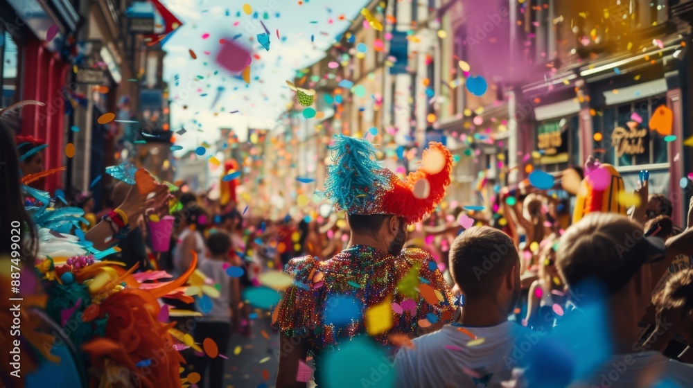 Festive street parade with colorful confetti, people in costumes celebrating, vibrant and joyful atmosphere, crowded and lively city street scene. Festive street parade with colorful confetti, people in costumes celebrating, vibrant and joyful atmosphere, crowded and lively city street scene.
