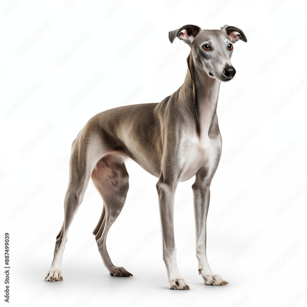 Whippet Dog Standing Still with Focused Gaze and Silky Smooth Coat Whippet Dog Standing Still with Focused Gaze and Silky Smooth Coat