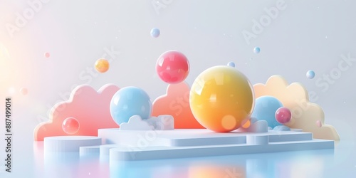 Abstract Futuristic 3D Render Minimalistic Style with Floating Geometric Shapes Isometric Design, Light Color Theme, Bright Background, and Soft Lighting