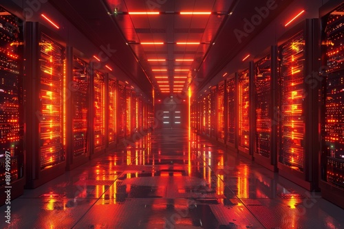 Immersive Perspective of Modern Data Center Server Hallway with Red LED Lights and Reflective Floor Showcasing Advanced Technologydata center photo