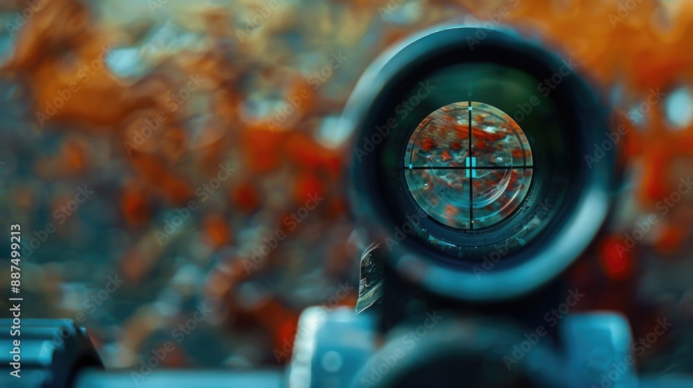 A close-up view of a rifle scope with a tree visible in the background, great for use in outdoor or hunting-themed images A close-up view of a rifle scope with a tree visible in the background, great for use in outdoor or hunting-themed images