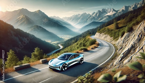 Silver Electric Car Driving on Winding Mountain Road.
