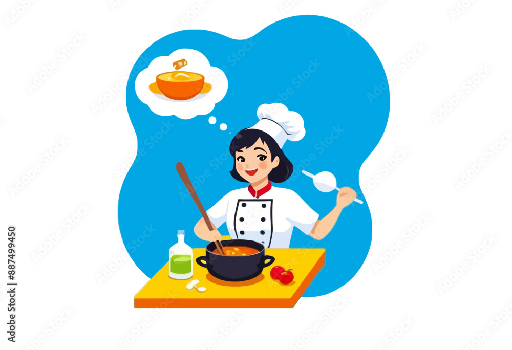 Chef in Kitchen with Soup and Spoon, Thinking of Delicious Recipes Chef in Kitchen with Soup and Spoon, Thinking of Delicious Recipes