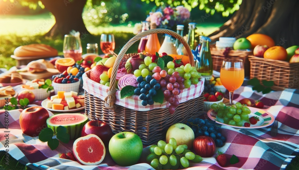 Summer Picnic Basket with Fresh Fruit and Drinks. Summer Picnic Basket with Fresh Fruit and Drinks.