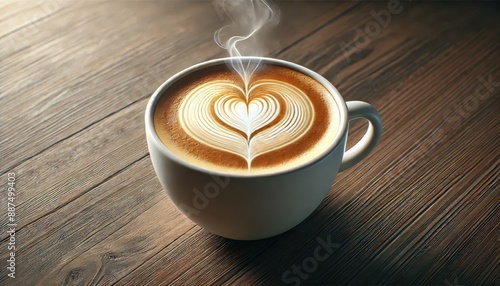 Steaming Cup of Latte Art with Heart Design on Wooden Table.