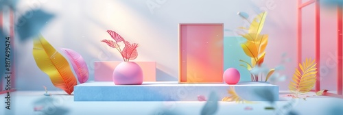 Abstract Futuristic 3D Render Minimalistic Style with Floating Geometric Shapes Isometric Design, Light Color Theme, Bright Background, and Soft Lighting