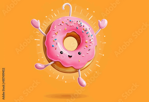 Cheerful Pink Donut with Sprinkles and Hands, Floating in the Air