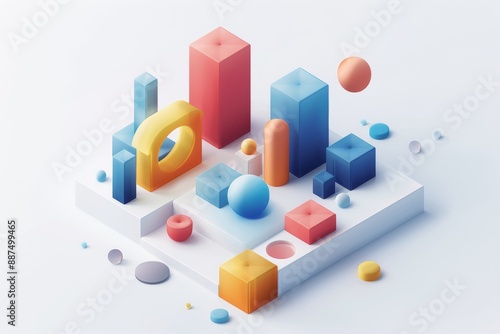 Abstract Futuristic 3D Render Minimalistic Style with Floating Geometric Shapes Isometric Design, Light Color Theme, Bright Background, and Soft Lighting