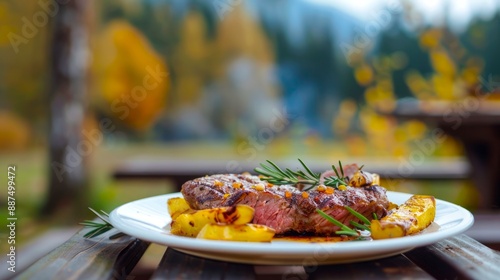 Grilled steak and vegetables on a table with pumpkins and autumn background. Concept of barbecue, outdoor dining, seasonal food, fall. Copy space