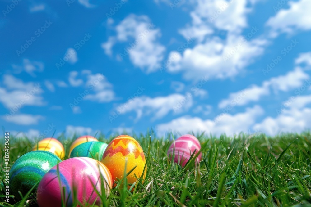 Colorful easter eggs hidden in grass under beautiful blue sky as easter background Colorful easter eggs hidden in grass under beautiful blue sky as easter background