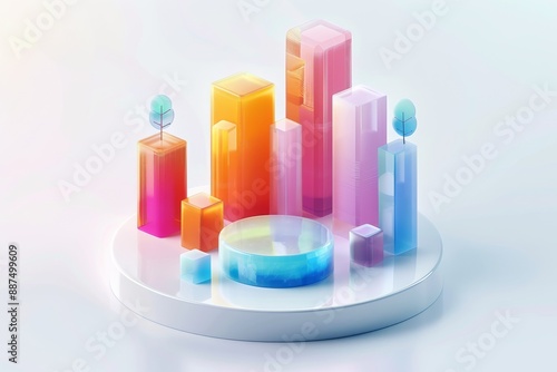 Abstract Futuristic 3D Render Minimalistic Style with Floating Geometric Shapes Isometric Design, Light Color Theme, Bright Background, and Soft Lighting