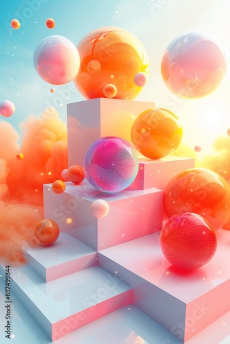 Abstract Futuristic 3D Render Minimalistic Style with Floating Geometric Shapes Isometric Design, Light Color Theme, Bright Background, and Soft Lighting