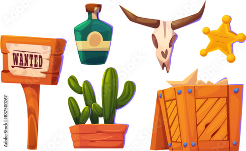 Wild west wooden sign and old bull skull cartoon. Western cowboy game element for Texas desert with saloon. Criminal wanted signboard with wood texture. Notice billboard, cacti and bottle set