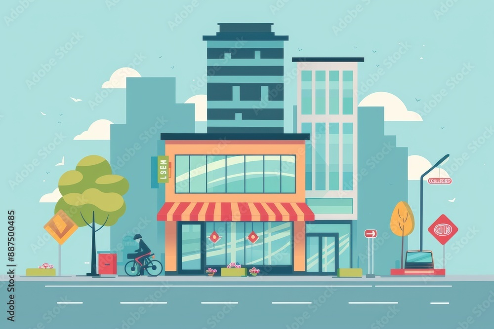 Obraz premium Flat marketing creative of 1 small store and next to it 1 tall enterprise building