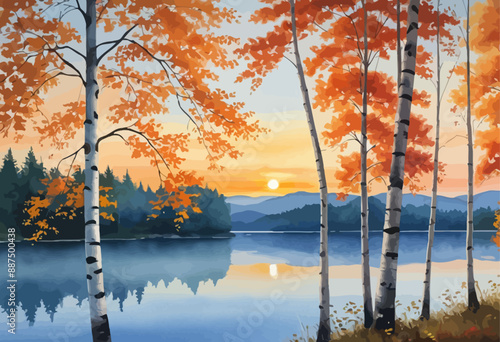 Autumnal Sunset Over a Lake with Reflections of Trees and Mountains
