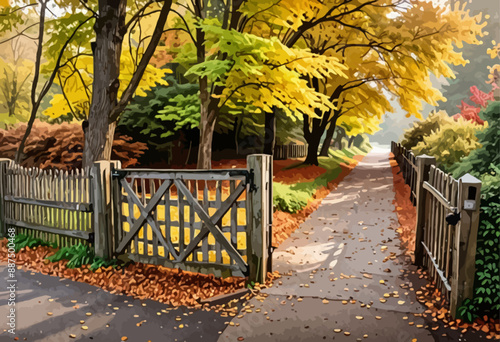 Autumnal Pathway with Wooden Gate and Fallen Leaves