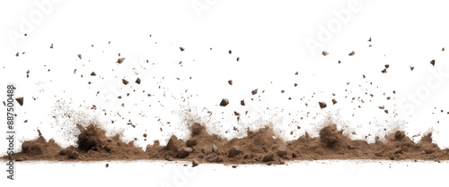 Explosive soil dirt eruption with debris flying on a transparent background