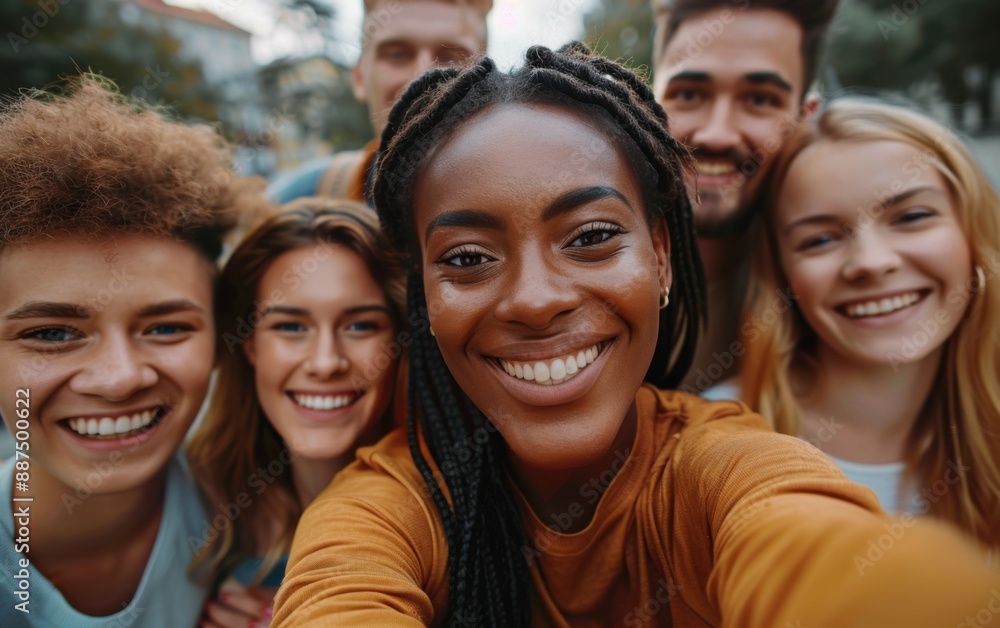 A group of friends, including a Black woman with braids, stand close together and smile at the camera A group of friends, including a Black woman with braids, stand close together and smile at the camera