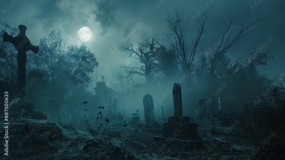 A cemetery shrouded in fog and moonlight, with tall, eerie trees and tombstones casting long shadows A cemetery shrouded in fog and moonlight, with tall, eerie trees and tombstones casting long shadows