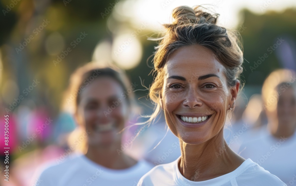 A woman in her 40s or 50s, wearing a white shirt, smiles brightly as she finishes a charity race. The sun shines brightly in the background, adding to the overall feeling of joy and accomplishment A woman in her 40s or 50s, wearing a white shirt, smiles brightly as she finishes a charity race. The sun shines brightly in the background, adding to the overall feeling of joy and accomplishment