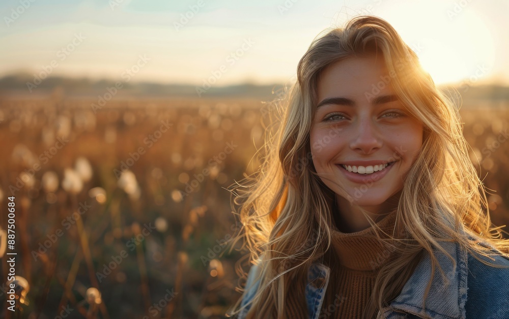 A young woman with long blonde hair smiles brightly as she stands in a field of tall grasses at sunset. The sun shines warmly on her face A young woman with long blonde hair smiles brightly as she stands in a field of tall grasses at sunset. The sun shines warmly on her face
