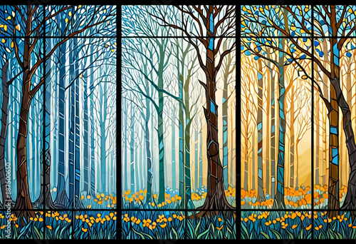 Autumnal Forest Scene with Yellow Flowers