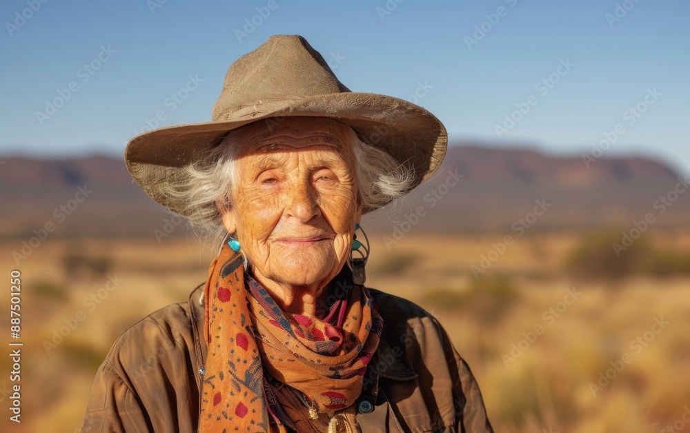 Fototapeta premium A senior woman in a wide-brimmed hat smiles warmly, standing in the Australian outback. The sun casts a golden glow on the dry landscape