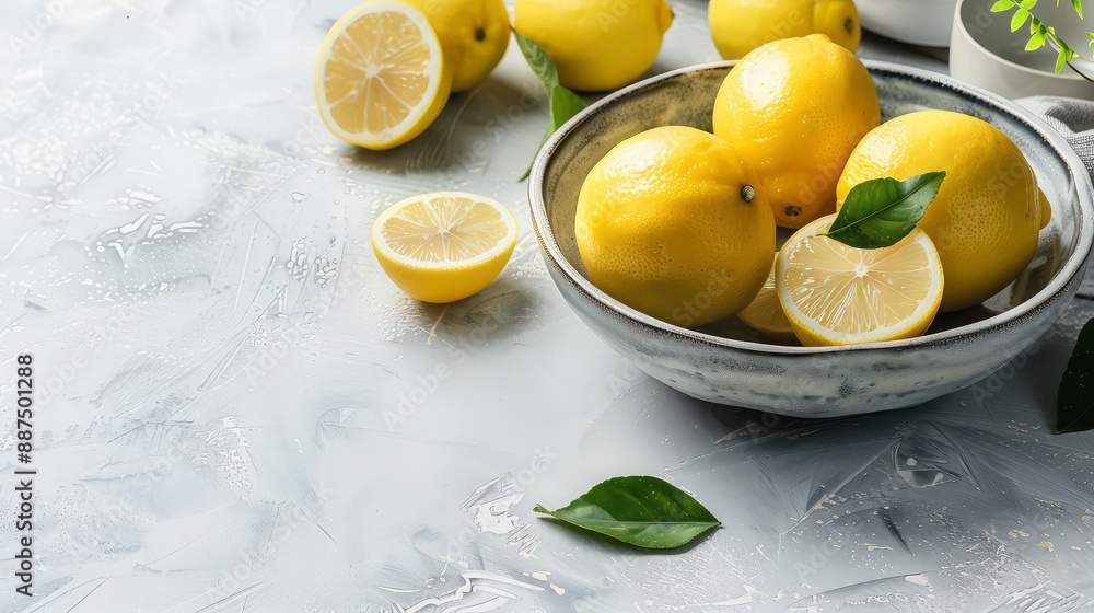 Fresh from the tree, lemons in a bowl on a white board Fresh from the tree, lemons in a bowl on a white board