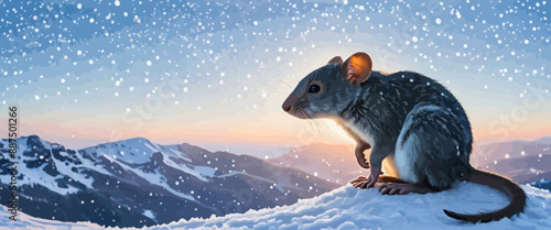 A mouse sitting on a snowy mountain peak at sunset