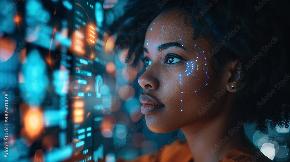 In a high-tech control room, an African American female IT expert evaluates AI cyber security threats on a holographic display. The vibrant blue and orange colors emphasize the advanced technology. In a high-tech control room, an African American female IT expert evaluates AI cyber security threats on a holographic display. The vibrant blue and orange colors emphasize the advanced technology.