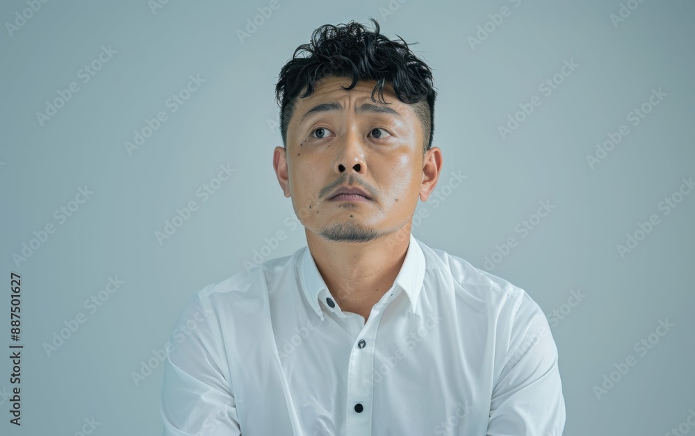 Obraz premium A man with a serious expression is wearing a white shirt. He is looking upwards, seemingly in thought