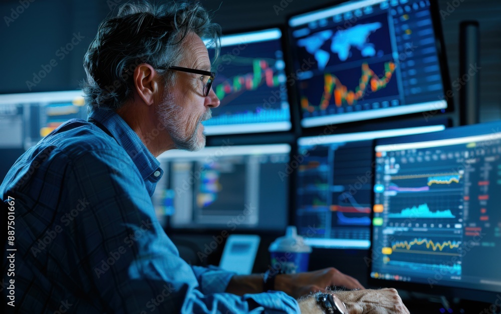 A financial analyst sits at a desk in a dimly lit office, intently studying data displayed on multiple computer monitors A financial analyst sits at a desk in a dimly lit office, intently studying data displayed on multiple computer monitors