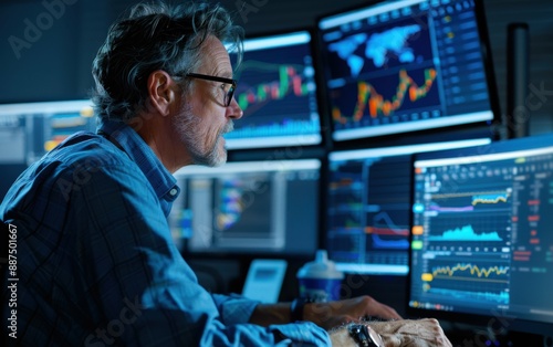 A financial analyst sits at a desk in a dimly lit office, intently studying data displayed on multiple computer monitors © imagineRbc