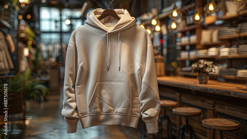 Cozy Beige Hooded Sweatshirt on Hanger in Warmly Lit Stylish Clothing Store with Wooden Shelves and Industrial LightsHoodie