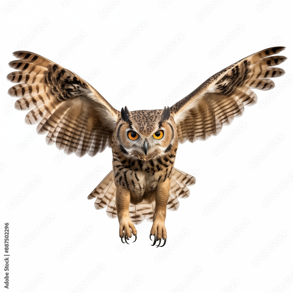 Great Horned Owl Flying with Wings Wide Open and Penetrating Yellow Eyes Great Horned Owl Flying with Wings Wide Open and Penetrating Yellow Eyes