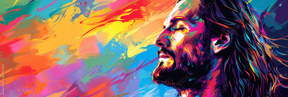 A modern religious illustration of Jesus Christ, the savior and son of God, portrayed in a colorful and expressive graphic style. It can be used for religious events, church publications,... A modern religious illustration of Jesus Christ, the savior and son of God, portrayed in a colorful and expressive graphic style. It can be used for religious events, church publications,...