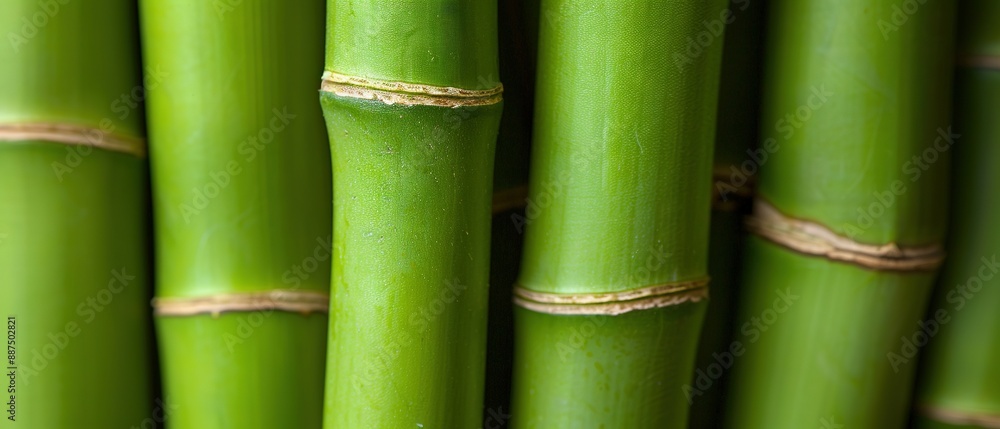 Fototapeta premium A photo of tightly-packed green bamboo stalks, featuring knots at their ends