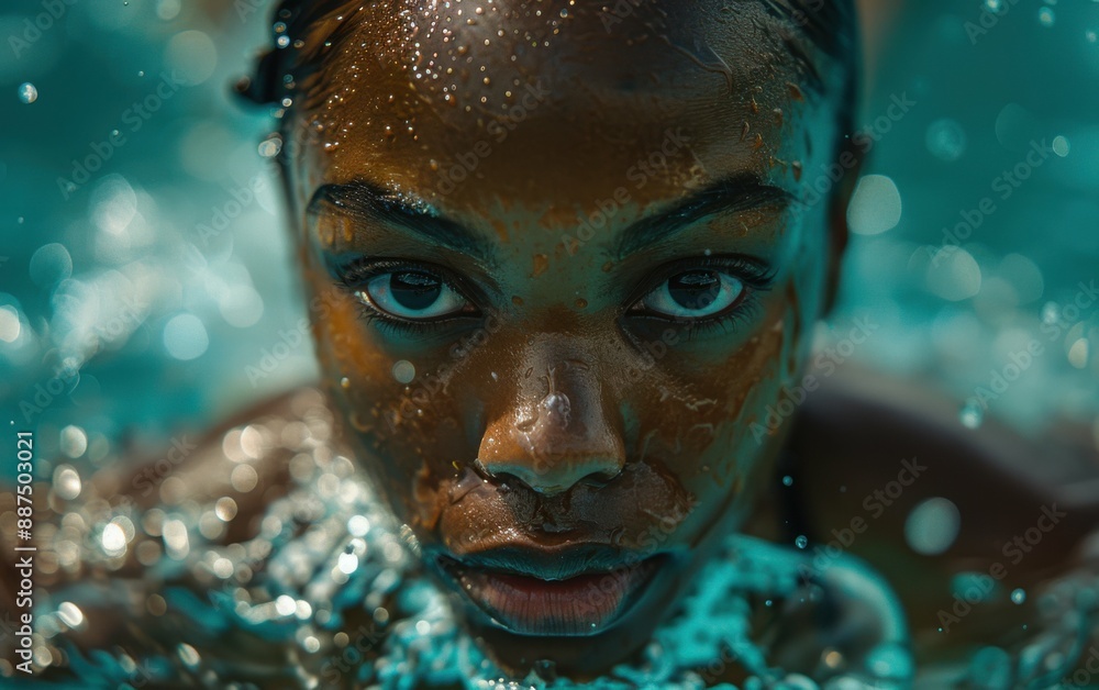 Up close photo of a young Black woman submerged in a blue pool. Her intense gaze and determination are visible as water droplets add shimmer to her skin Up close photo of a young Black woman submerged in a blue pool. Her intense gaze and determination are visible as water droplets add shimmer to her skin
