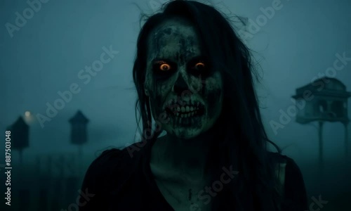A woman with a skull painted on her face stands in a dark, gloomy forest. Scene is eerie and unsettling, as the woman's appearance and the setting create a sense of foreboding