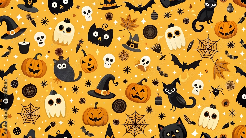 Vector seamless pattern for Halloween. Seamless background with Halloween elements jack-o-lantern, black cat, ghosts, raven, bats, witch’s hat, skull and spider