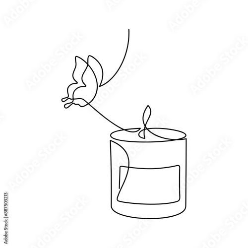 Hand drawn aroma candle vector. Line continuous butterfly moth drawing. Linear icon, beauty fashion print, banner, card, wall art poster, sketch, doodle illustration, logo, sign, outline symbol