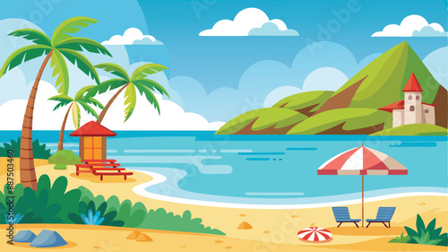 beach vector landscave. Summer Vacation Loungers On Sea Beach Landscape Beautiful Seascape