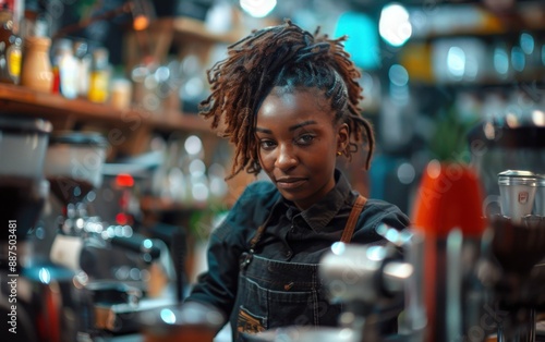 A young woman with dreadlocks, working as a barista, is seen making coffee in a busy cafe © imagineRbc