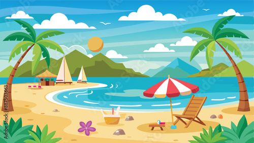 beach vector landscave. Summer Vacation Loungers On Sea Beach Landscape Beautiful Seascape