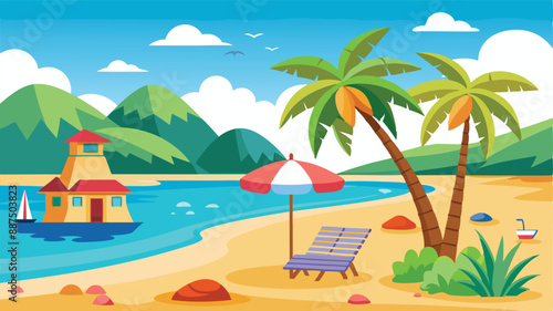 beach vector landscave. Summer Vacation Loungers On Sea Beach Landscape Beautiful Seascape