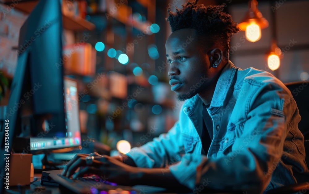 A young black man, wearing a blue denim jacket, sits at a desk and works on a computer. He is illuminated by blue light emanating from the screen A young black man, wearing a blue denim jacket, sits at a desk and works on a computer. He is illuminated by blue light emanating from the screen