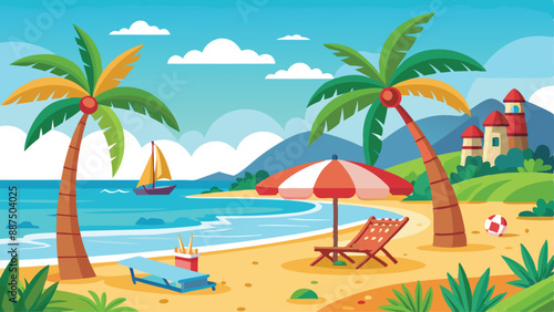 beach vector landscave. Summer Vacation Loungers On Sea Beach Landscape Beautiful Seascape