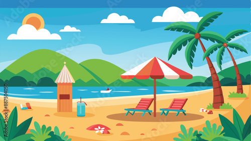 beach vector landscave. Summer Vacation Loungers On Sea Beach Landscape Beautiful Seascape